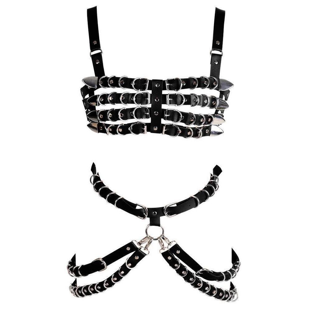 2695 Leather Body Harness Bra Garter Belt Set Punk Gothic Dance Carnival